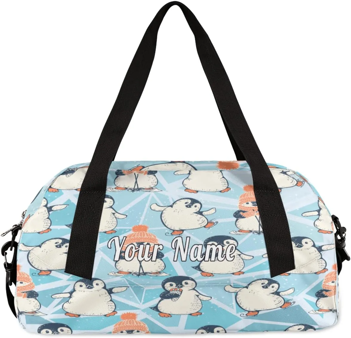 Personalized Kids Duffel Bag Cute Penguin Pattern,Custom Sport Gym Bag for Boys Girls,WWeekender Overnight Bags Travel Duffel Bag,Customized Kids Gift
