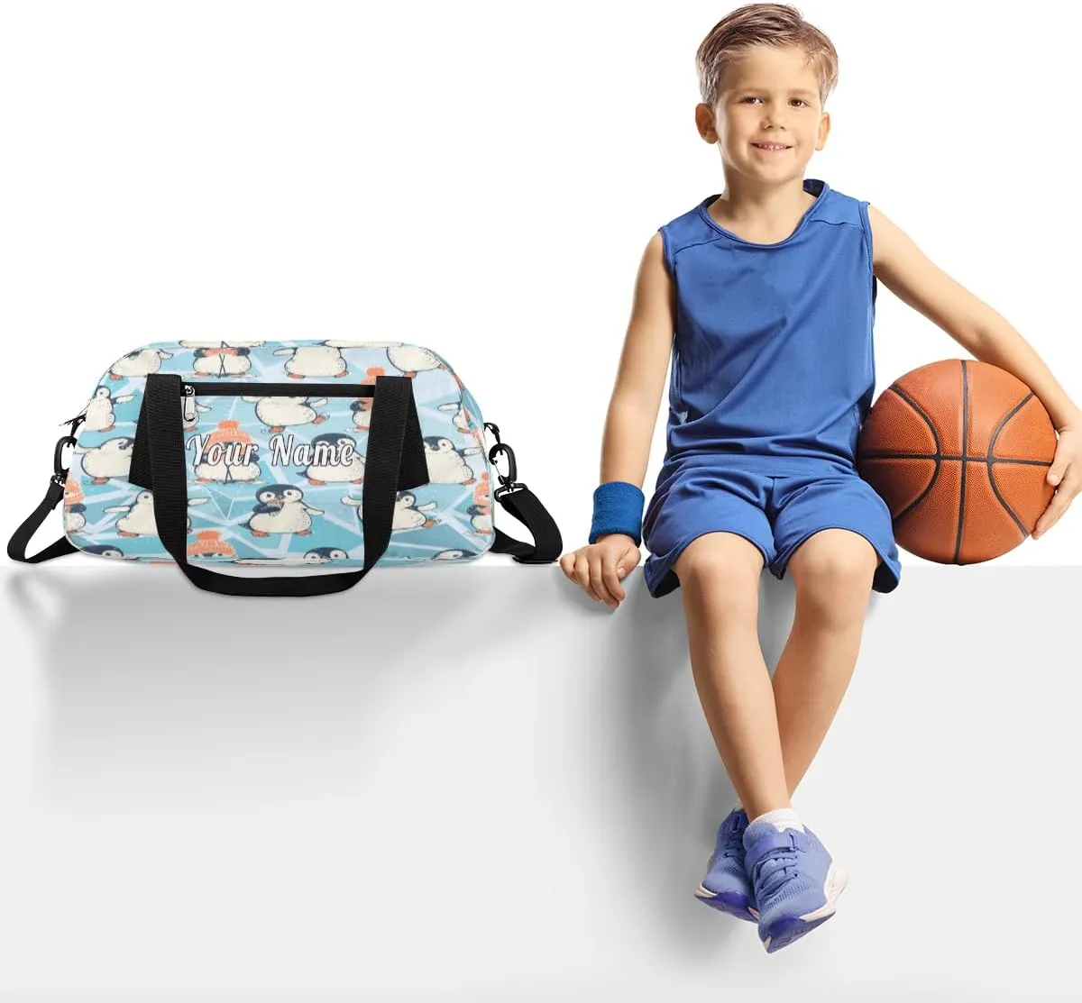 Personalized Kids Duffel Bag Cute Penguin Pattern,Custom Sport Gym Bag for Boys Girls,WWeekender Overnight Bags Travel Duffel Bag,Customized Kids Gift