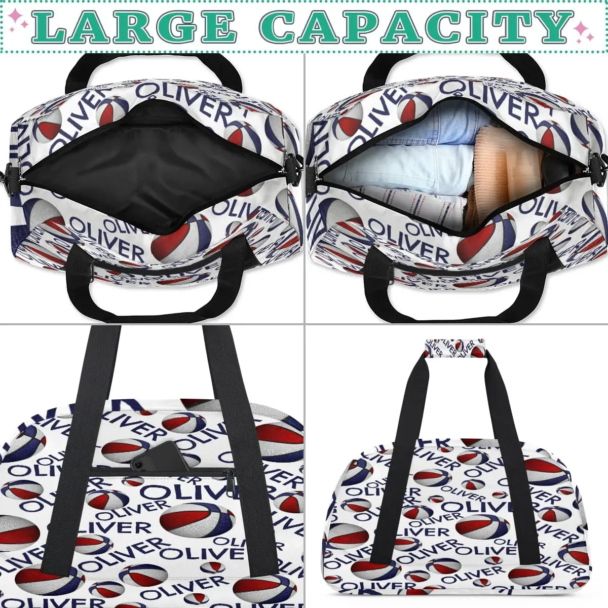 Personalized Kids Gym Bag, Custom Sport Duffel Bag, Dance Bag Weekender Bags Travel Duffel Bag for Boy & Girl Soccer Blue Text