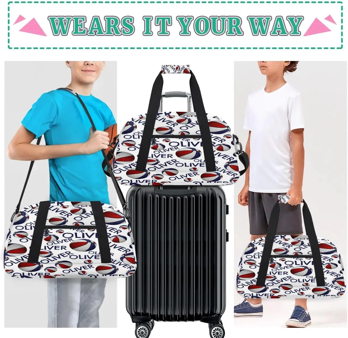 Personalized Kids Gym Bag, Custom Sport Duffel Bag, Dance Bag Weekender Bags Travel Duffel Bag for Boy & Girl Soccer Blue Text