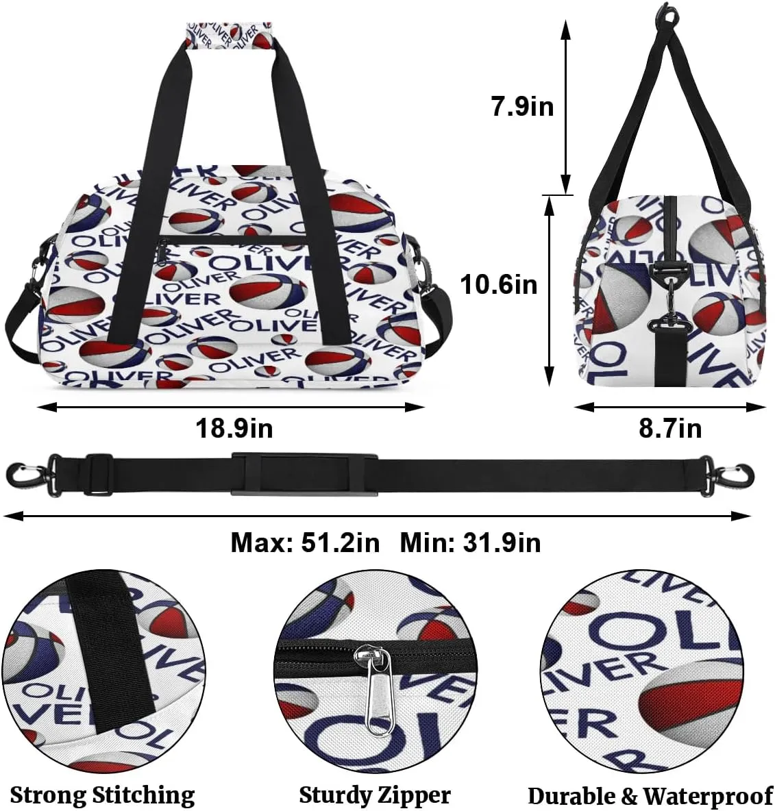 Personalized Kids Gym Bag, Custom Sport Duffel Bag, Dance Bag Weekender Bags Travel Duffel Bag for Boy & Girl Soccer Blue Text