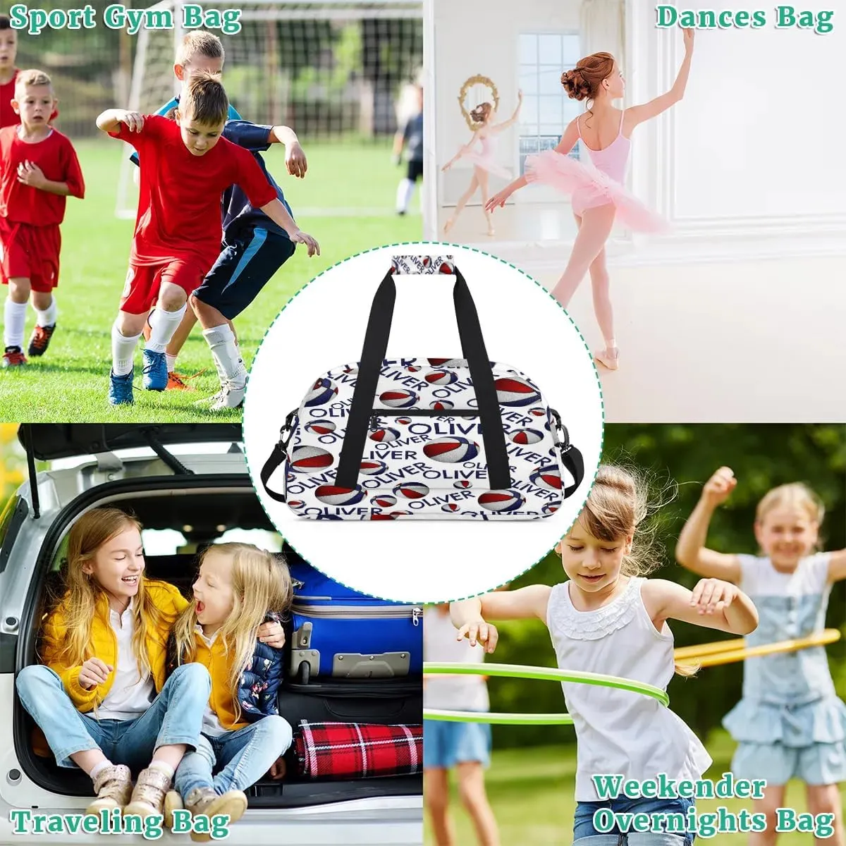 Personalized Kids Gym Bag, Custom Sport Duffel Bag, Dance Bag Weekender Bags Travel Duffel Bag for Boy & Girl Soccer Blue Text