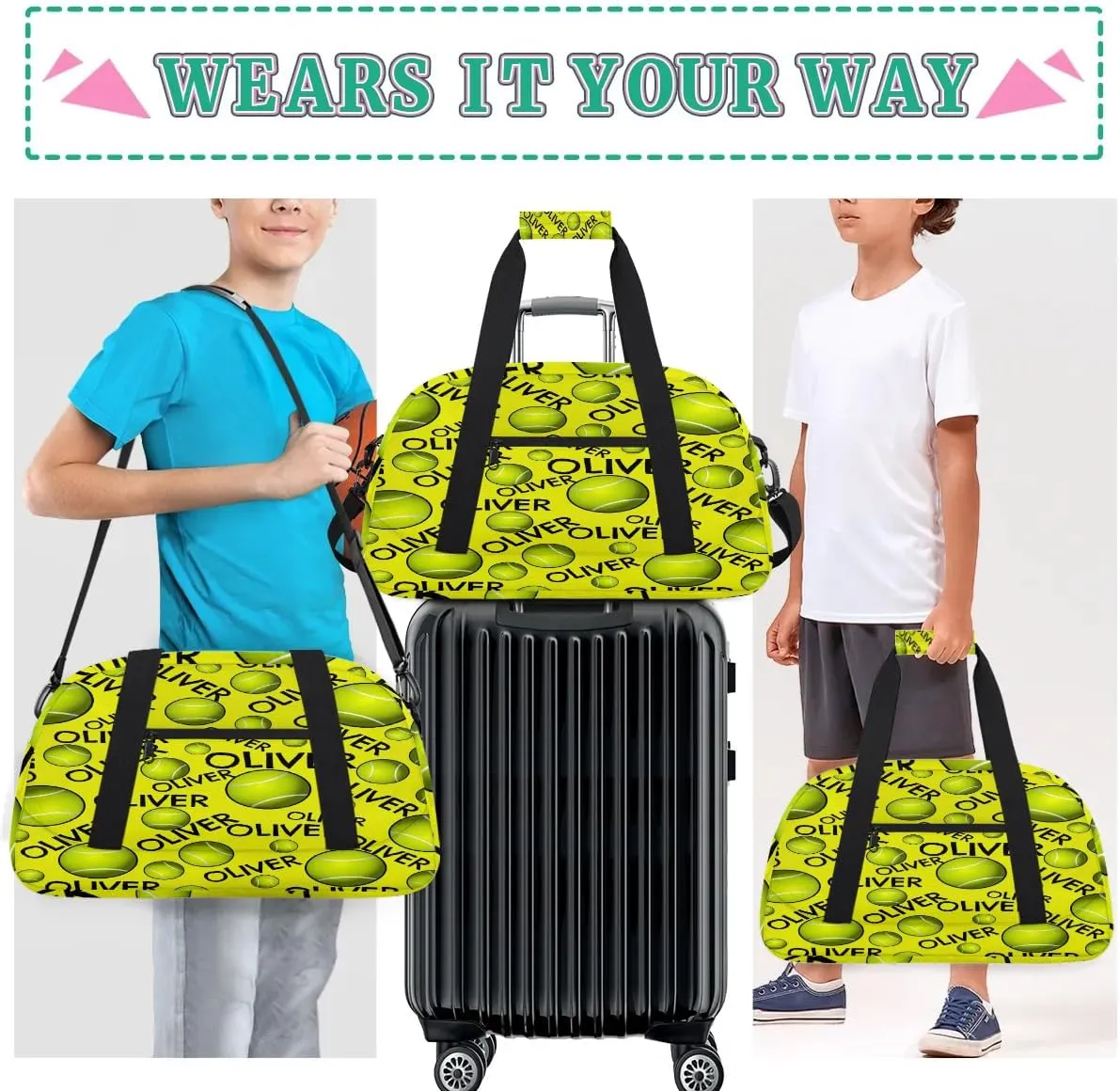 Personalized Kids Gym Bag, Custom Sport Duffel Bag, Dance Bag Weekender Bags Travel Duffel Bag for Boy & Girl Yellow Tennistext