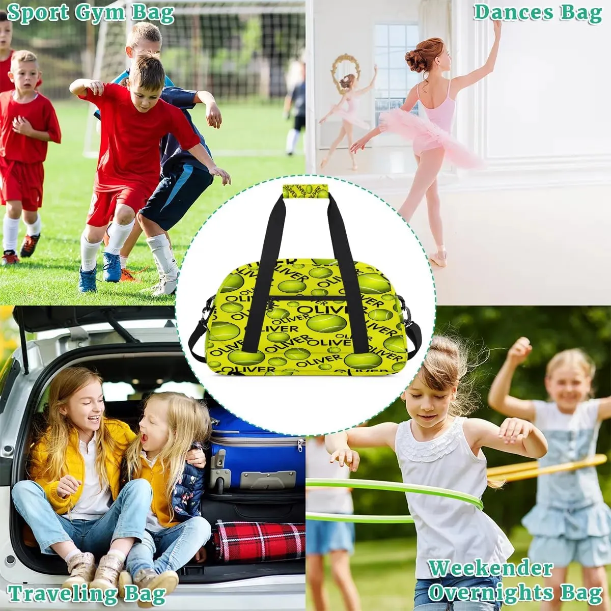 Personalized Kids Gym Bag, Custom Sport Duffel Bag, Dance Bag Weekender Bags Travel Duffel Bag for Boy & Girl Yellow Tennistext