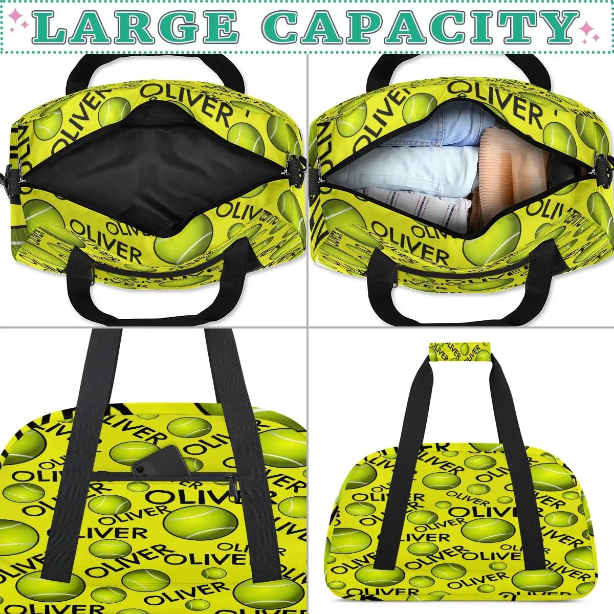 Personalized Kids Gym Bag, Custom Sport Duffel Bag, Dance Bag Weekender Bags Travel Duffel Bag for Boy & Girl Yellow Tennistext