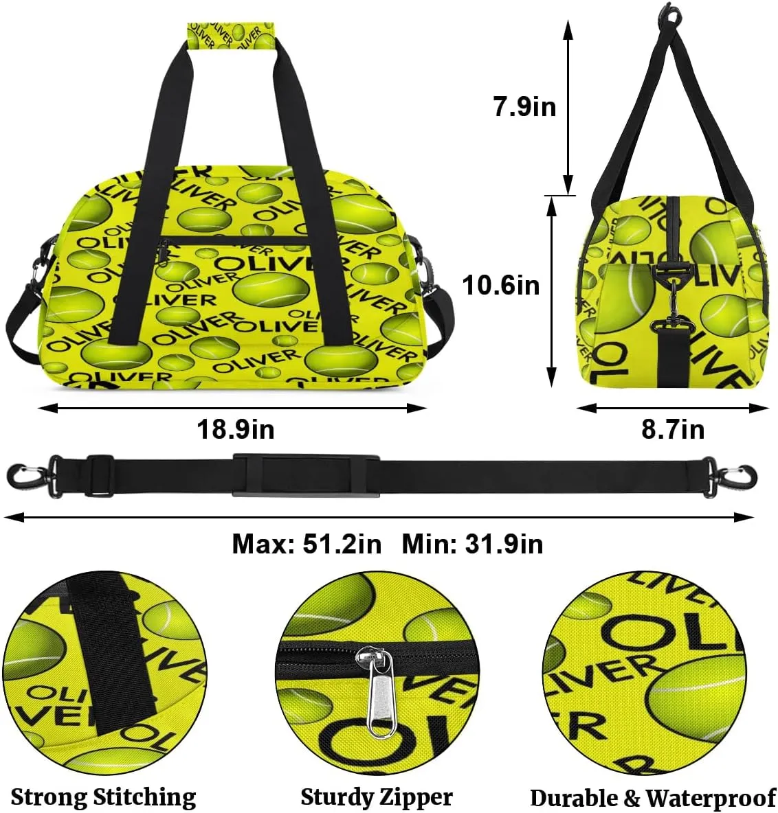Personalized Kids Gym Bag, Custom Sport Duffel Bag, Dance Bag Weekender Bags Travel Duffel Bag for Boy & Girl Yellow Tennistext