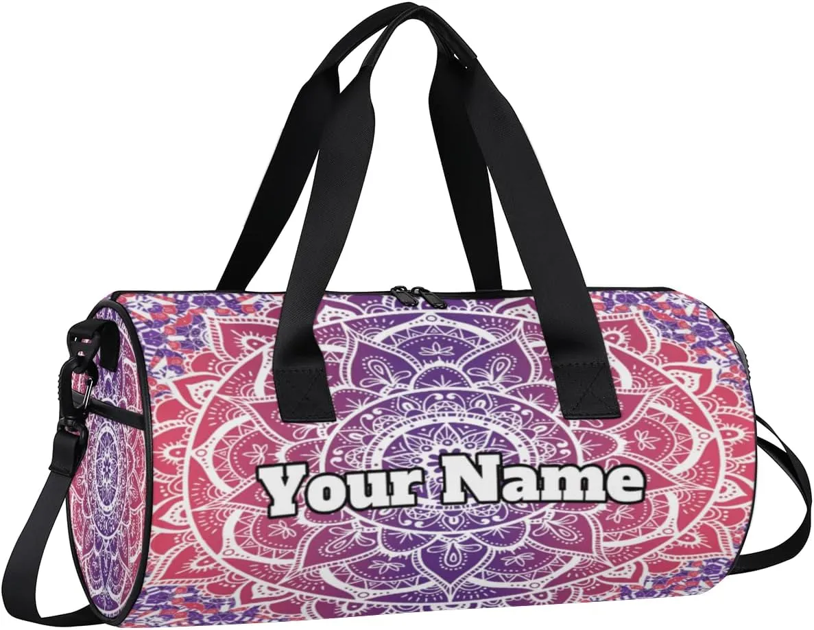 Personalized Name Gym Bag for Women, Customized Mandala Cylinder Sports Bags for Men, Waterproof Weekender Bag, Duffle Bags for Travel Swim Dance, Boho Mandala