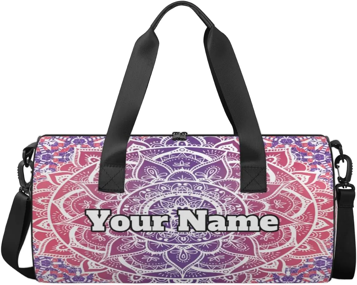 Personalized Name Gym Bag for Women, Customized Mandala Cylinder Sports Bags for Men, Waterproof Weekender Bag, Duffle Bags for Travel Swim Dance, Boho Mandala