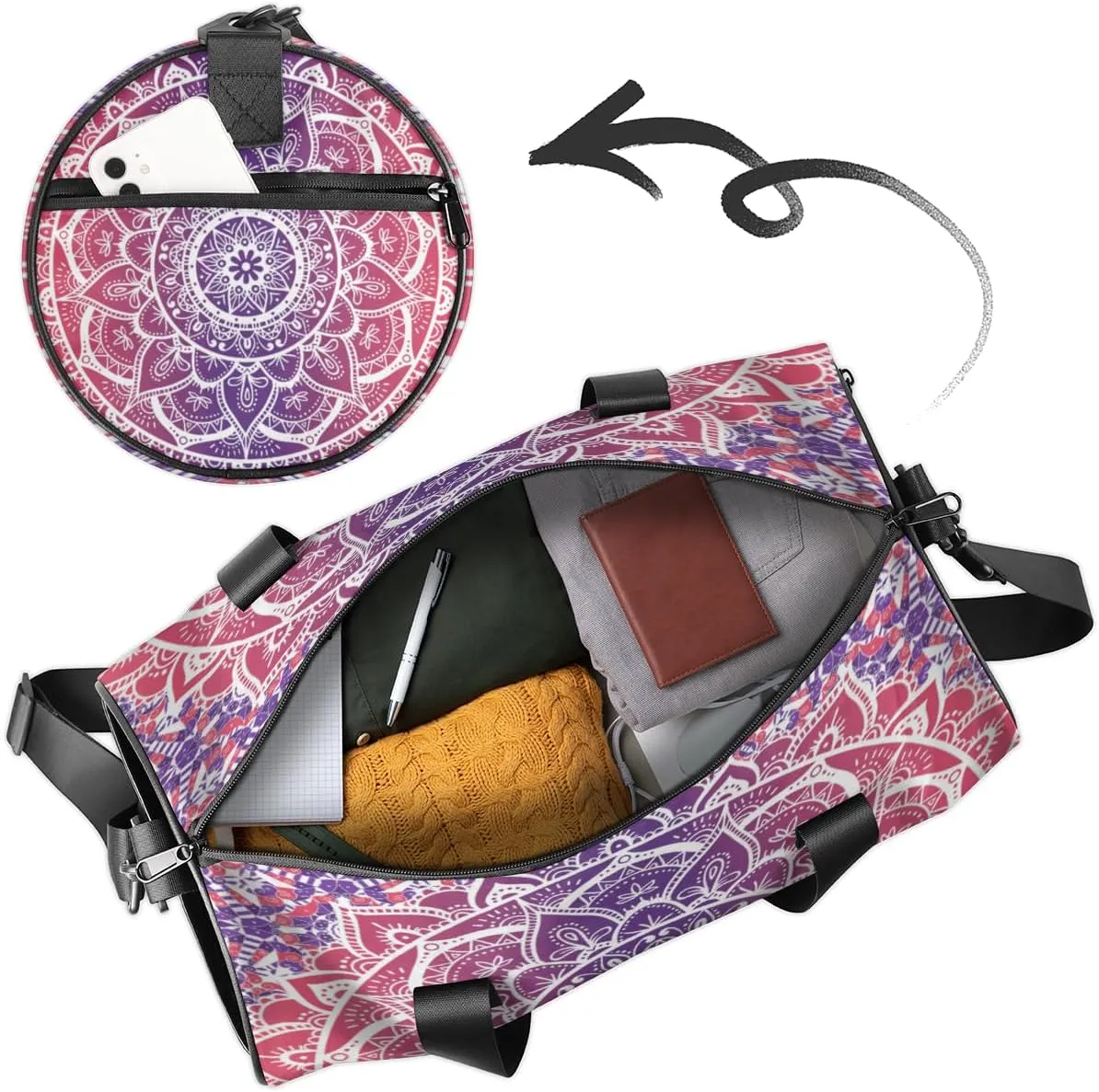 Personalized Name Gym Bag for Women, Customized Mandala Cylinder Sports Bags for Men, Waterproof Weekender Bag, Duffle Bags for Travel Swim Dance, Boho Mandala