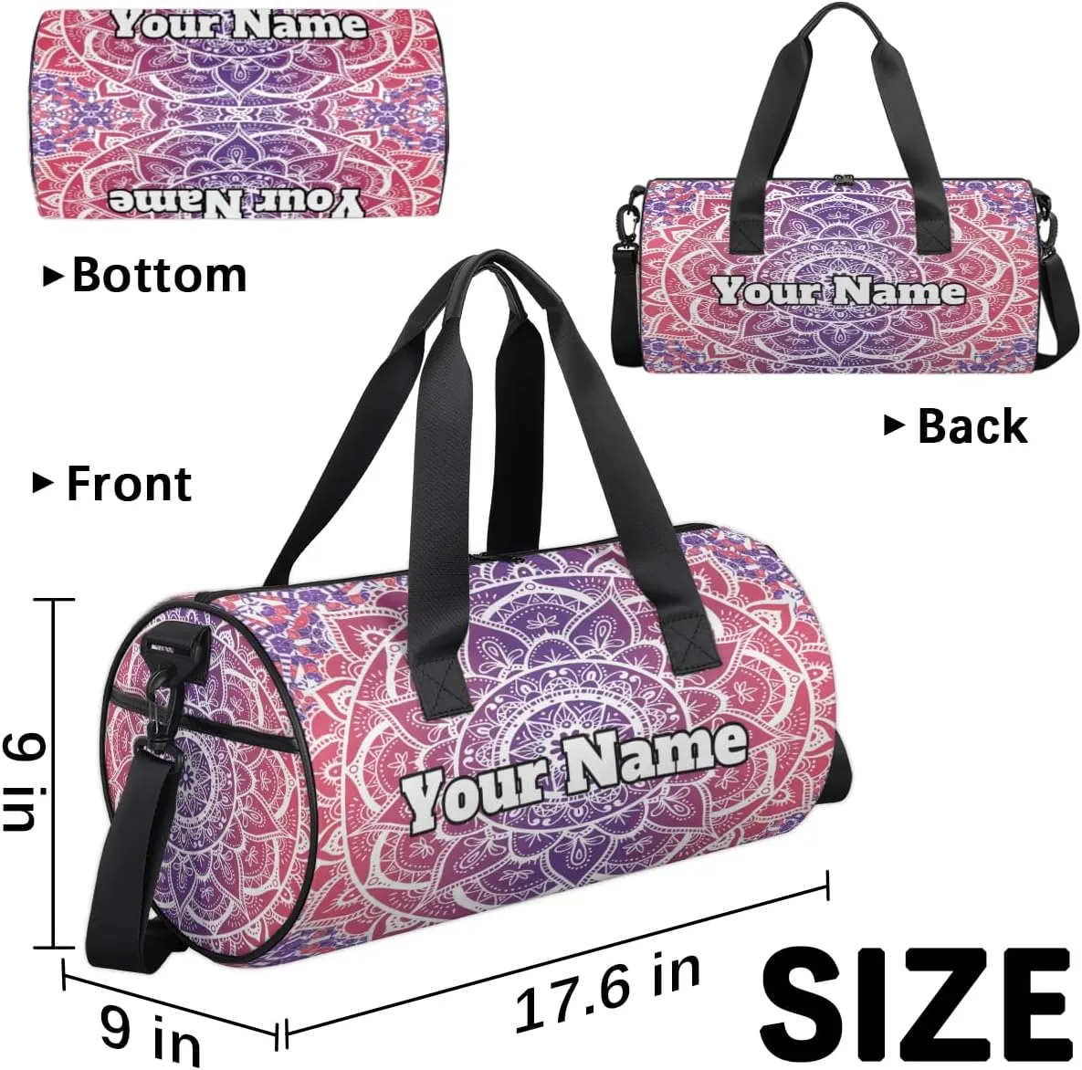 Personalized Name Gym Bag for Women, Customized Mandala Cylinder Sports Bags for Men, Waterproof Weekender Bag, Duffle Bags for Travel Swim Dance, Boho Mandala