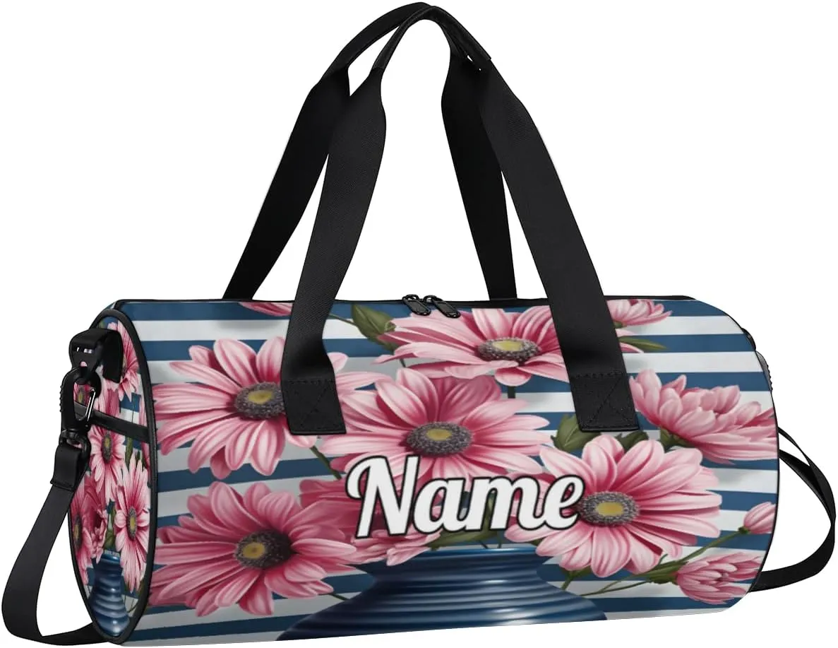 Personalized Sport Gym Bag Dance Duffle Ballet Bag Overnight Travel Sleepover Bags Swimming Hiking Camping, Pink Daisy