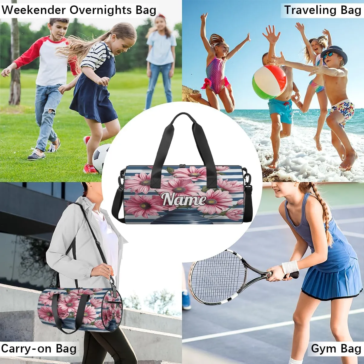 Personalized Sport Gym Bag Dance Duffle Ballet Bag Overnight Travel Sleepover Bags Swimming Hiking Camping, Pink Daisy