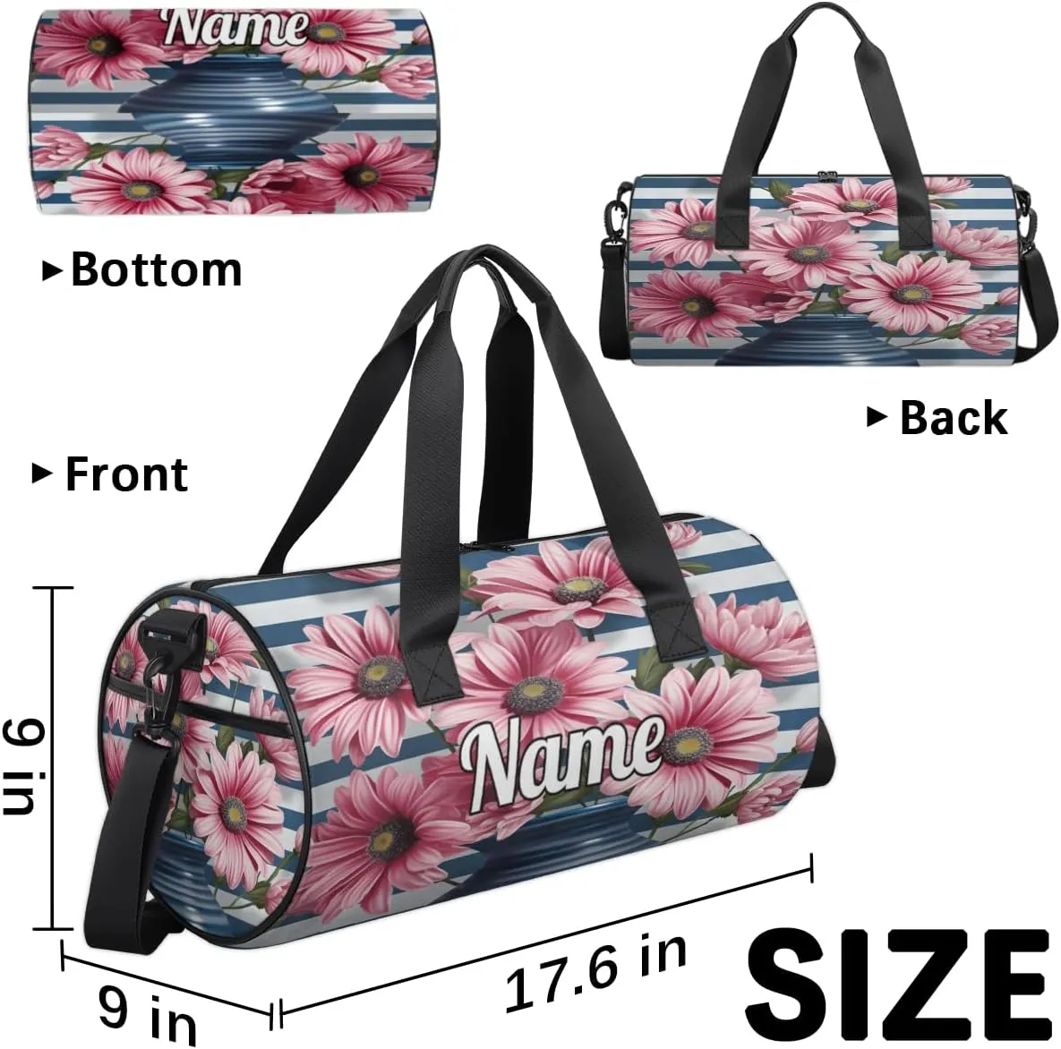 Personalized Sport Gym Bag Dance Duffle Ballet Bag Overnight Travel Sleepover Bags Swimming Hiking Camping, Pink Daisy