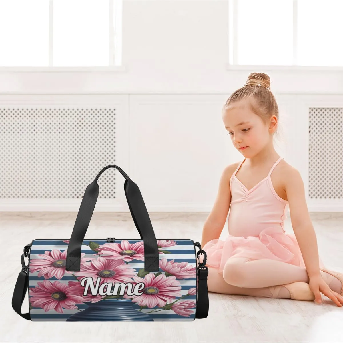 Personalized Sport Gym Bag Dance Duffle Ballet Bag Overnight Travel Sleepover Bags Swimming Hiking Camping, Pink Daisy