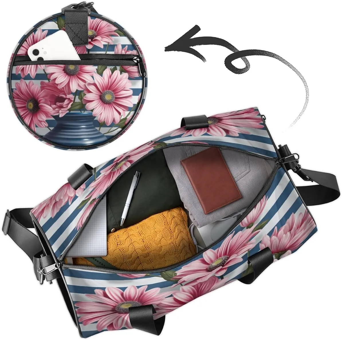 Personalized Sport Gym Bag Dance Duffle Ballet Bag Overnight Travel Sleepover Bags Swimming Hiking Camping, Pink Daisy