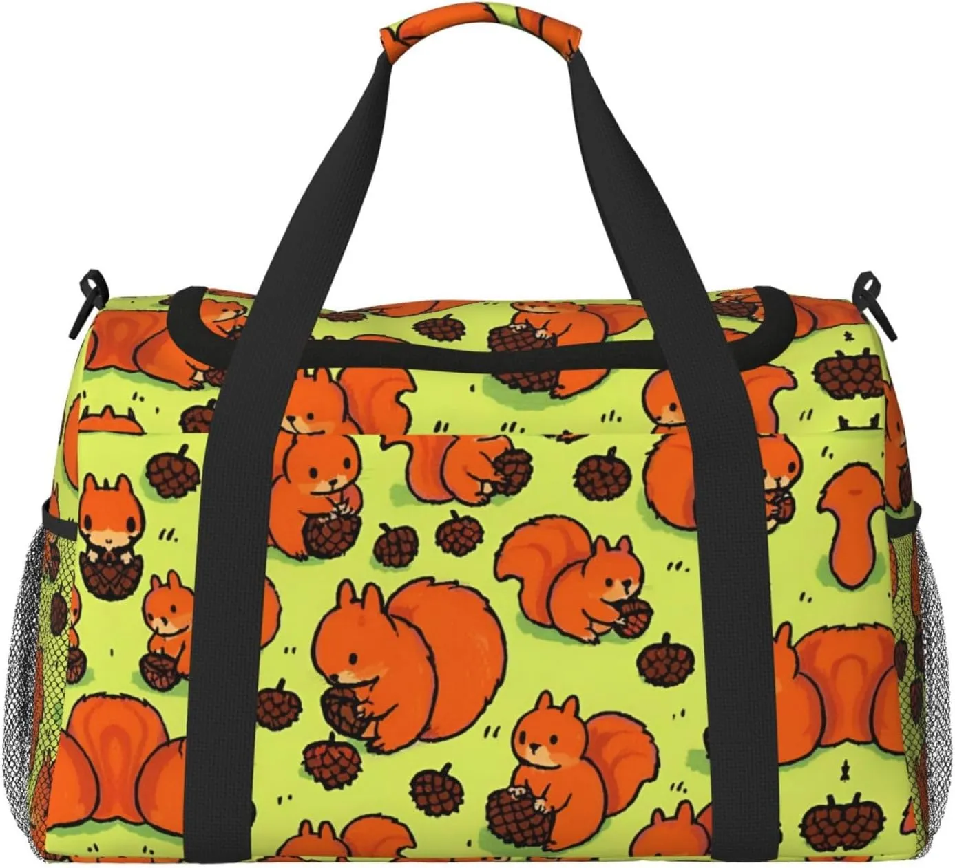 Personalized Sports Duffel Bags Gym Bag Dance Bag, Personalized Custom Travel Duffle Bag Tote Bag, Customized Travel Bag Overnight Weekender Sleepover Bags, Cute Squirrels Pine Cones