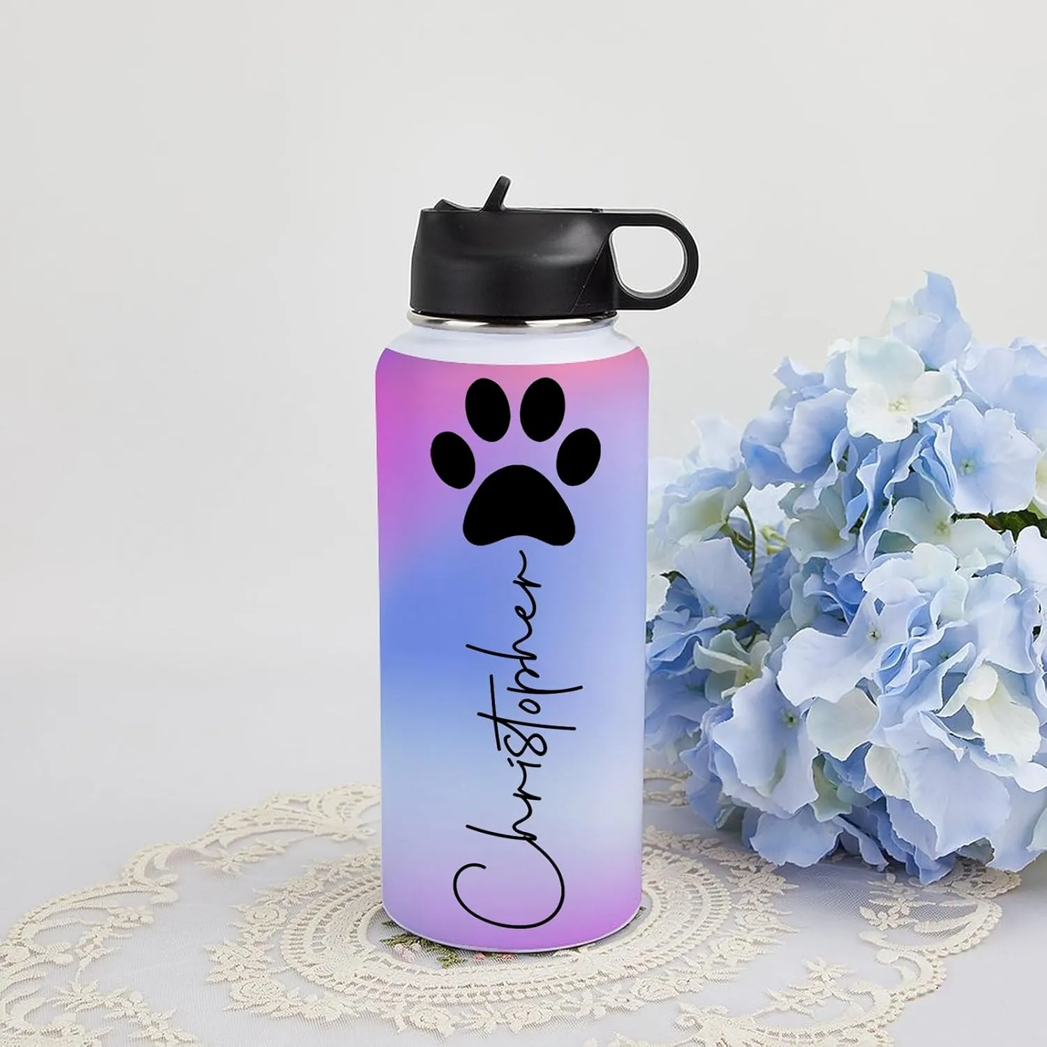 Personalized Water Bottles 32oz with Flip-Top Lid and Straw Customized Vacuum Insulated Flask Stainless Steel Sports Double Wall for Sports Spill-Proof Splash Resistant Lid Christmas Gradient
