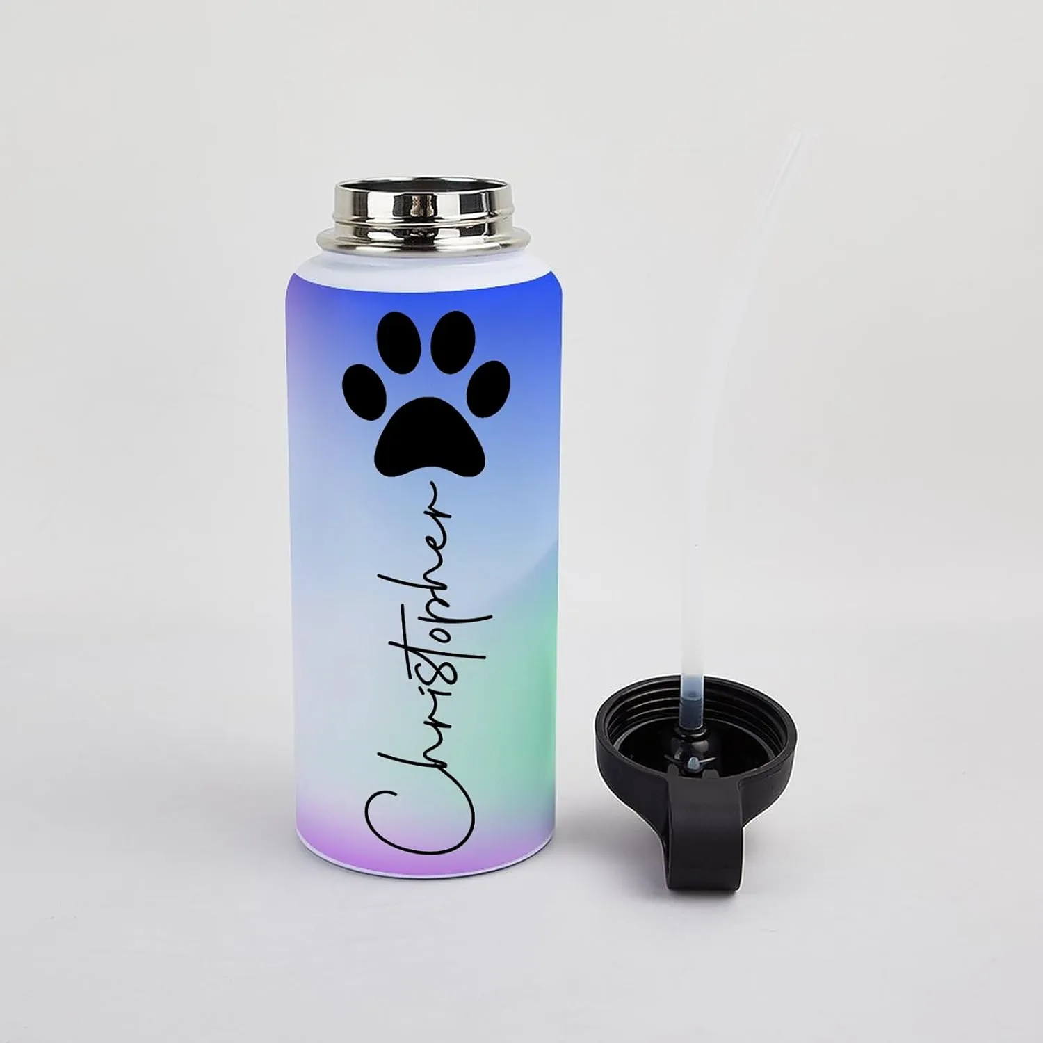 Personalized Water Bottles 32oz with Flip-Top Lid and Straw Customized Vacuum Insulated Flask Stainless Steel Sports Double Wall for Sports Spill-Proof Splash Resistant Lid Christmas Gradient