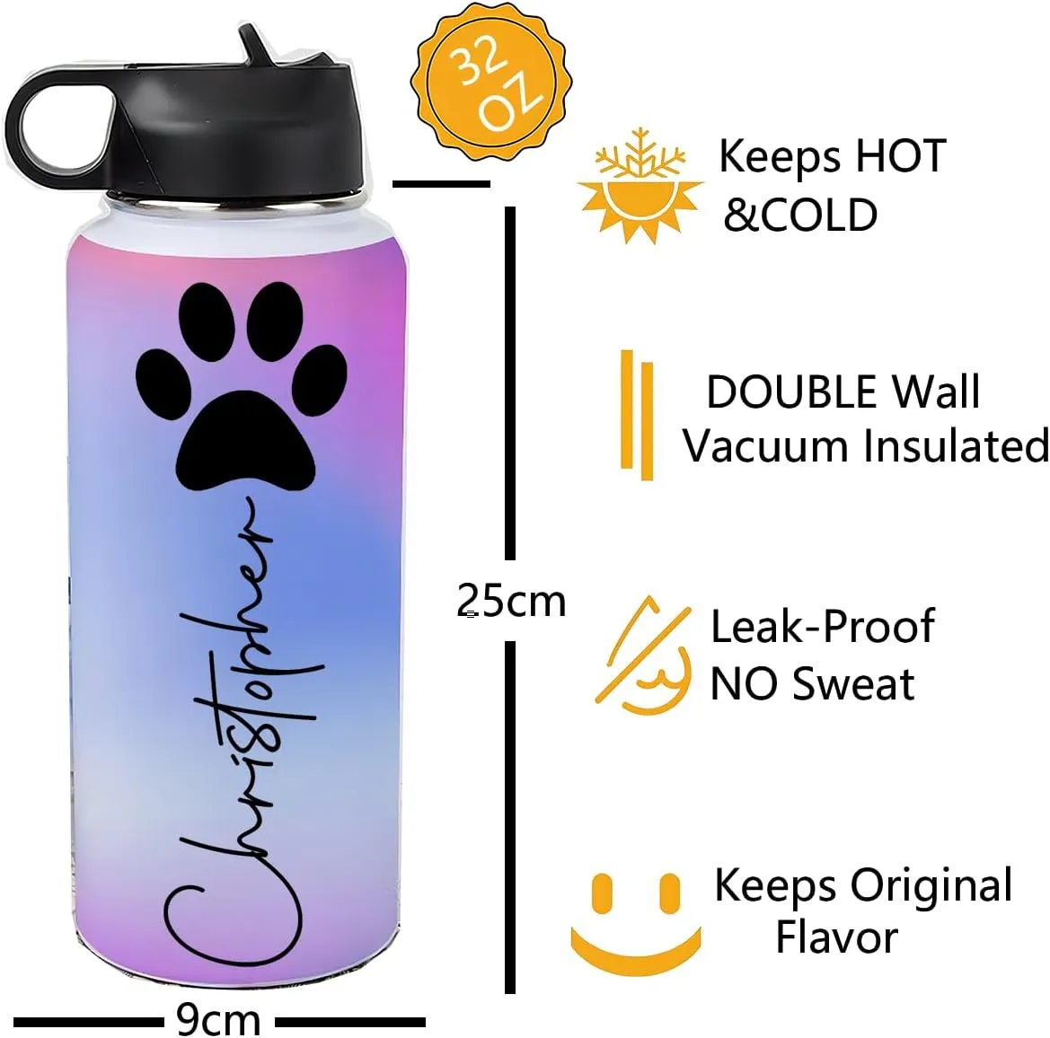 Personalized Water Bottles 32oz with Flip-Top Lid and Straw Customized Vacuum Insulated Flask Stainless Steel Sports Double Wall for Sports Spill-Proof Splash Resistant Lid Christmas Gradient