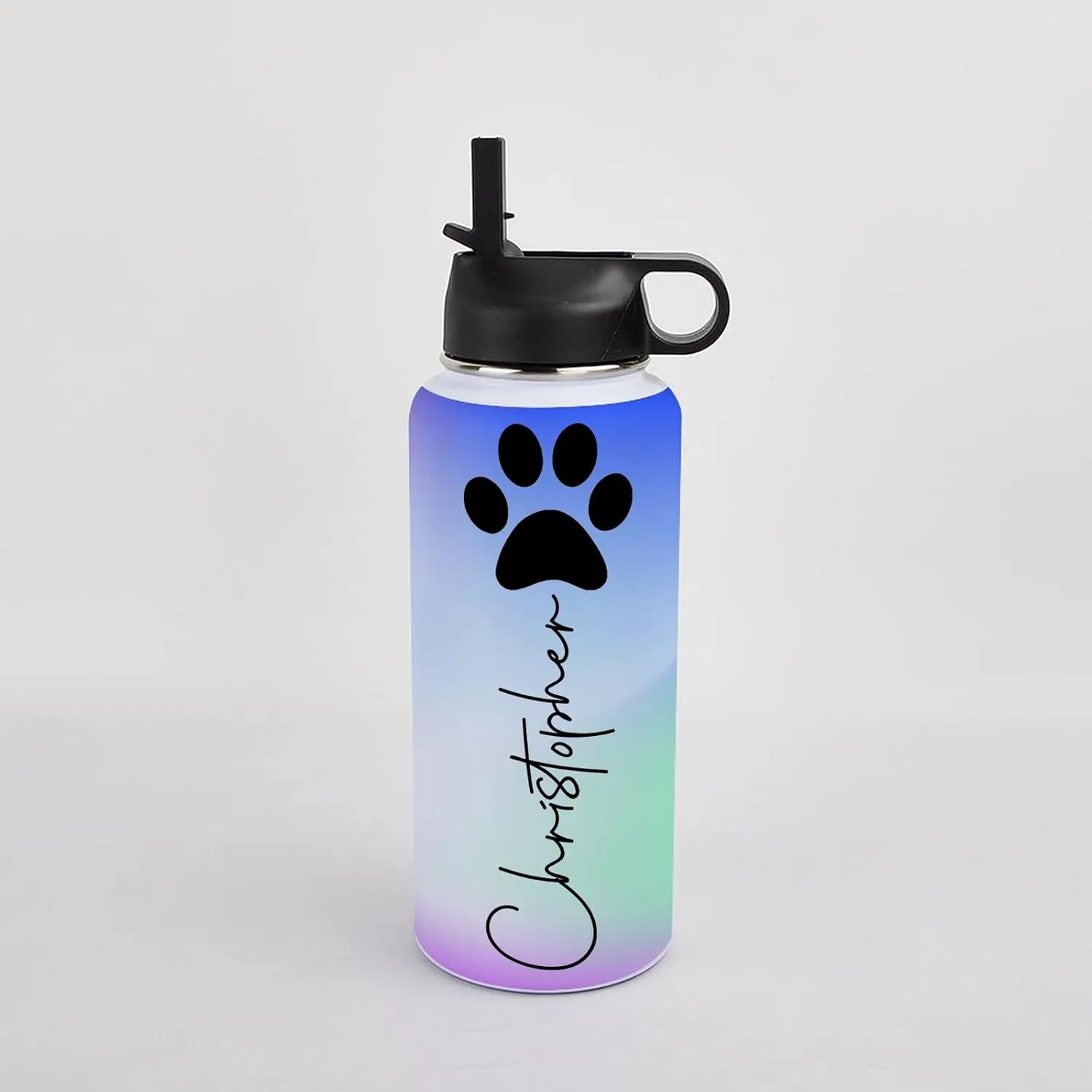 Personalized Water Bottles 32oz with Flip-Top Lid and Straw Customized Vacuum Insulated Flask Stainless Steel Sports Double Wall for Sports Spill-Proof Splash Resistant Lid Christmas Gradient