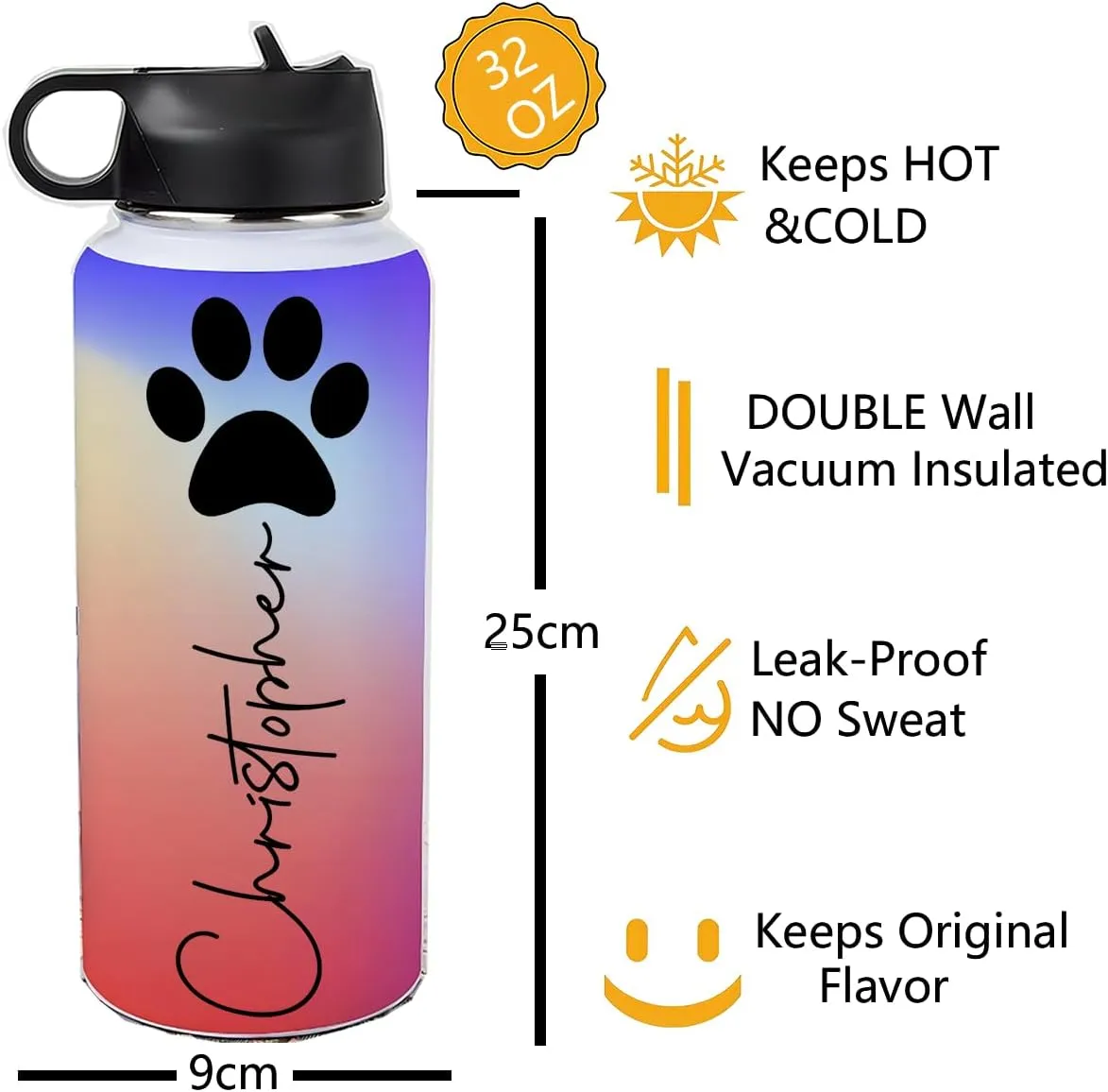 Personalized Water Bottles 32oz with Flip-Top Lid and Straw Customized Vacuum Insulated Flask Stainless Steel Sports Double Wall Gift Cup with Icon for Boy Girl School Christmas Gradient