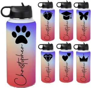 Personalized Water Bottles 32oz with Flip-Top Lid and Straw Customized Vacuum Insulated Flask Stainless Steel Sports Double Wall Gift Cup with Icon for Boy Girl School Christmas Gradient