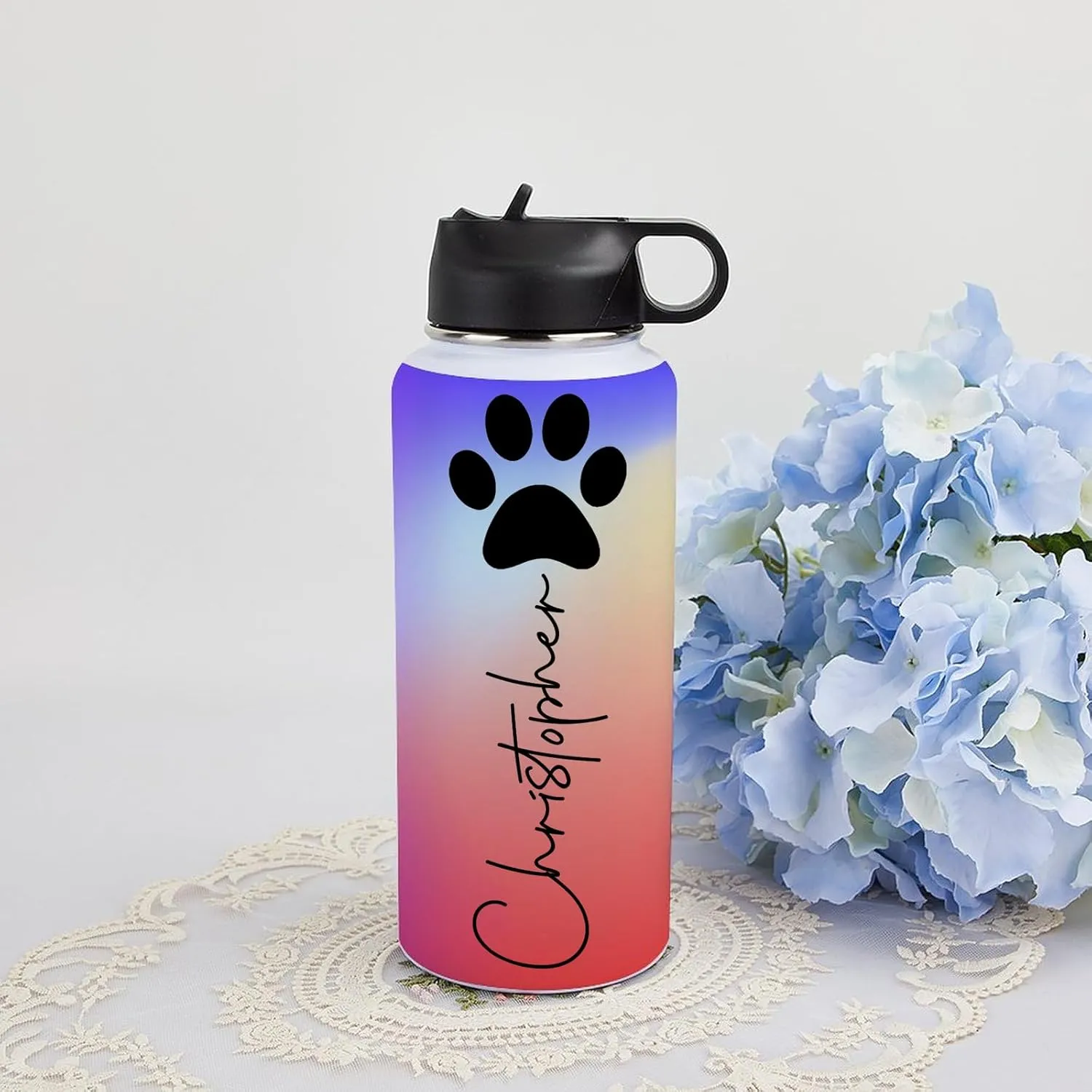 Personalized Water Bottles 32oz with Flip-Top Lid and Straw Customized Vacuum Insulated Flask Stainless Steel Sports Double Wall Gift Cup with Icon for Boy Girl School Christmas Gradient