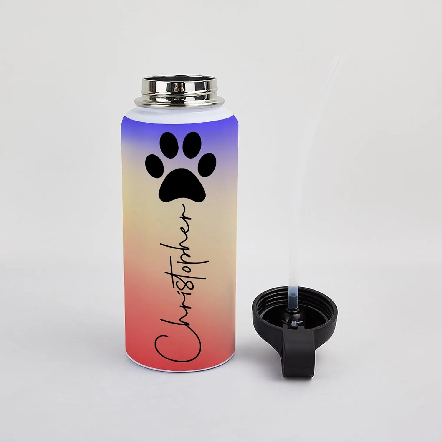 Personalized Water Bottles 32oz with Flip-Top Lid and Straw Customized Vacuum Insulated Flask Stainless Steel Sports Double Wall Gift Cup with Icon for Boy Girl School Christmas Gradient