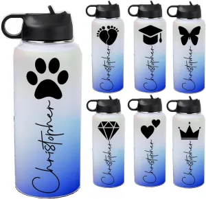 Personalized Water Bottles 32oz with Flip-Top Lid and Straw Customized Vacuum Insulated Flask Stainless Steel Sports Double Wall School Name Water Cups for Boys Girls Gradient