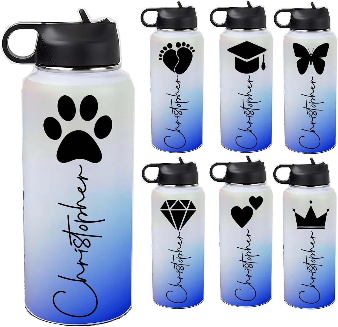 Personalized Water Bottles 32oz with Flip-Top Lid and Straw Customized Vacuum Insulated Flask Stainless Steel Sports Double Wall School Name Water Cups for Boys Girls Gradient