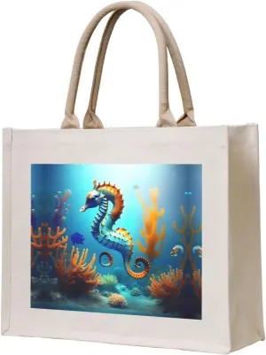 PHAYAH Canvas Tote Standing Gift Bags Great For, Birthday, Beach, Holiday, Travel Shopping. Seabed Coral Seahorse Pattern.