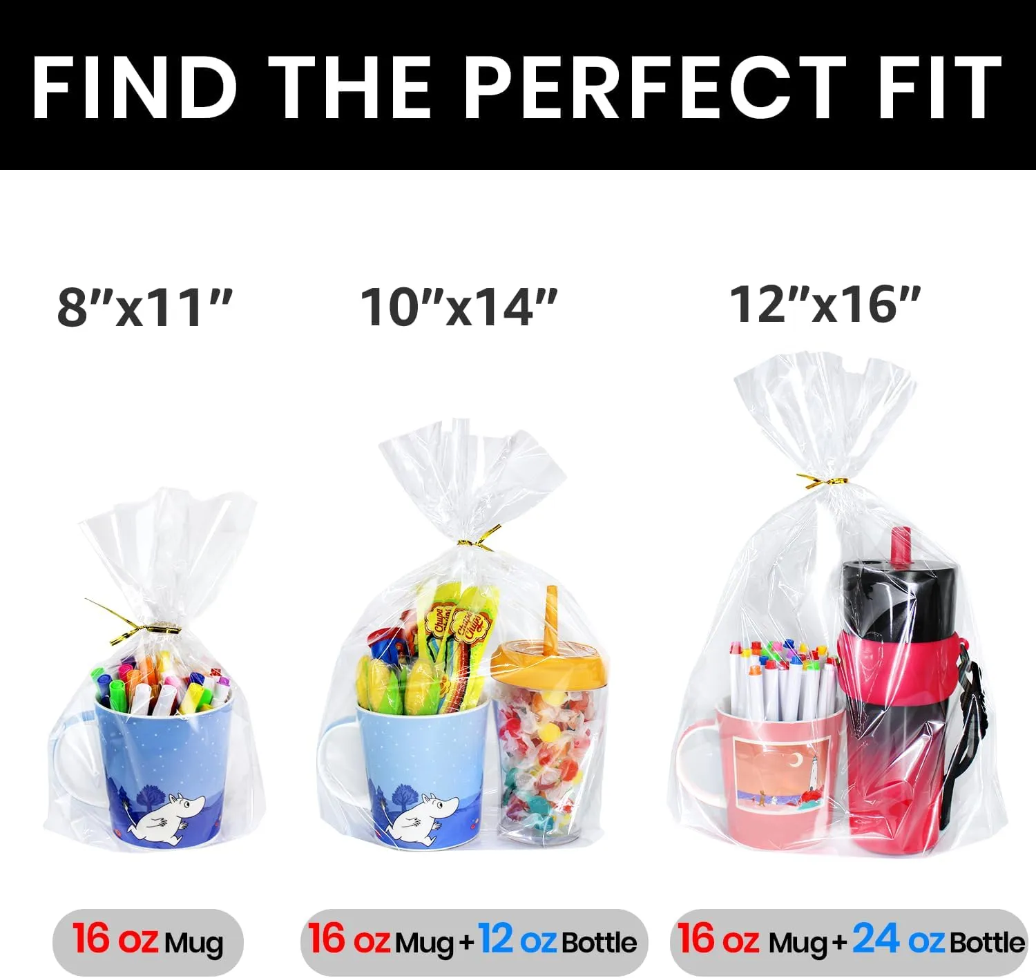 PigPotParty 12"x 16", 100Pcs Bottom Gusset Bags, Clear Plastic Cellophane Mug Treat Goodie Gift Bags with 100x Twist Ties, Large Party Favor Packaging, Toy Wrapping (No Side Gusset)