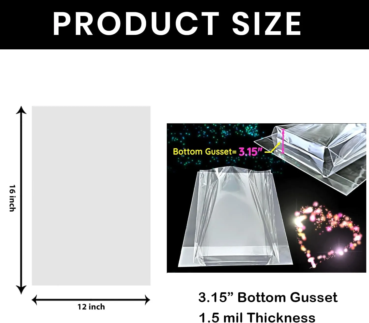 PigPotParty 12"x 16", 100Pcs Bottom Gusset Bags, Clear Plastic Cellophane Mug Treat Goodie Gift Bags with 100x Twist Ties, Large Party Favor Packaging, Toy Wrapping (No Side Gusset)