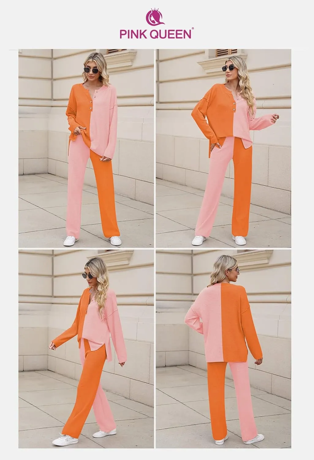 Pink Queen Women's 2 Piece Outfit Set Long Sleeve Button Pullover Sweater Top and Wide Leg Pants Knit Sweatsuit