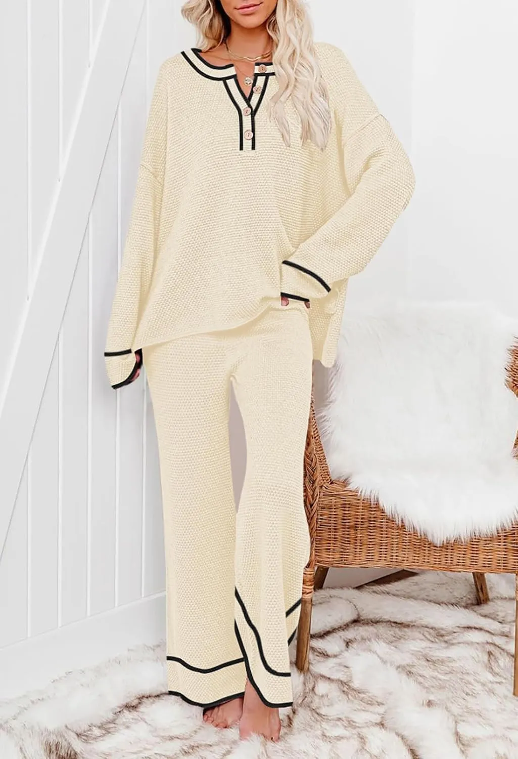 Pink Queen Women's 2 Piece Outfit Set Long Sleeve Button Pullover Sweater Top and Wide Leg Pants Knit Sweatsuit