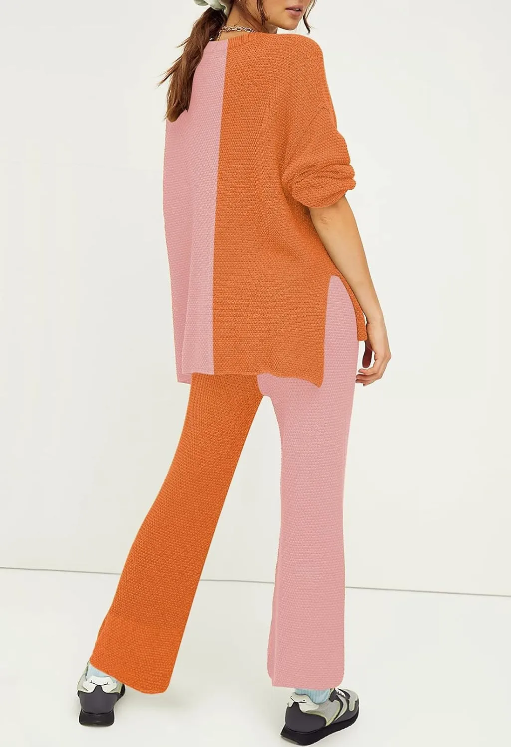 Pink Queen Women's 2 Piece Outfit Set Long Sleeve Button Pullover Sweater Top and Wide Leg Pants Knit Sweatsuit