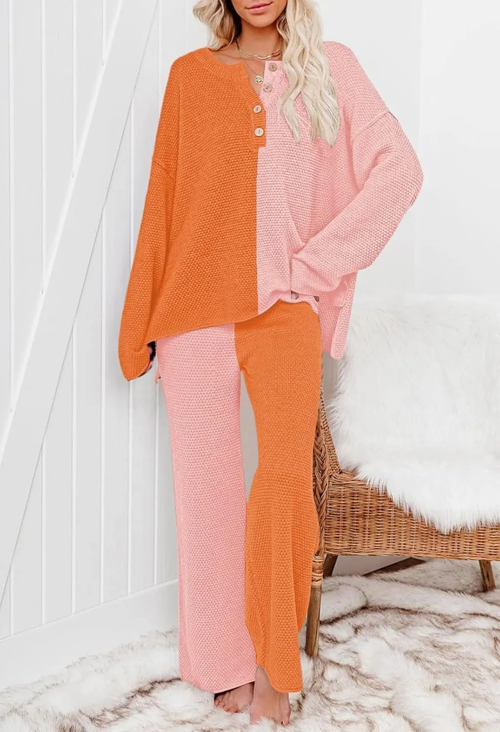 Pink Queen Women's 2 Piece Outfit Set Long Sleeve Button Pullover Sweater Top and Wide Leg Pants Knit Sweatsuit