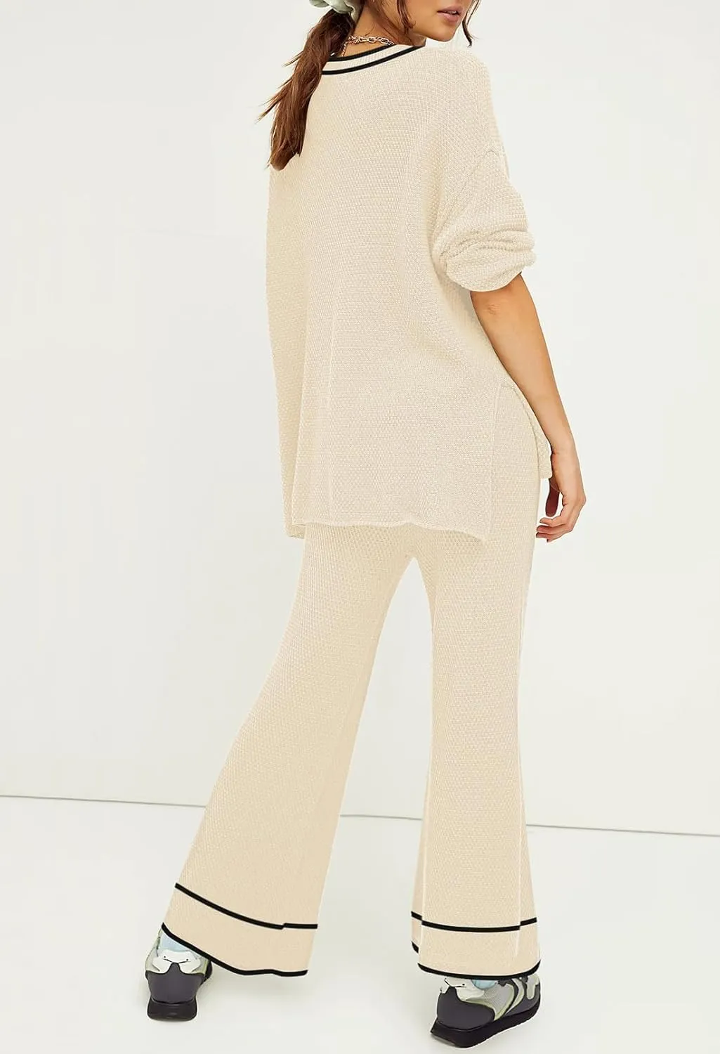 Pink Queen Women's 2 Piece Outfit Set Long Sleeve Button Pullover Sweater Top and Wide Leg Pants Knit Sweatsuit