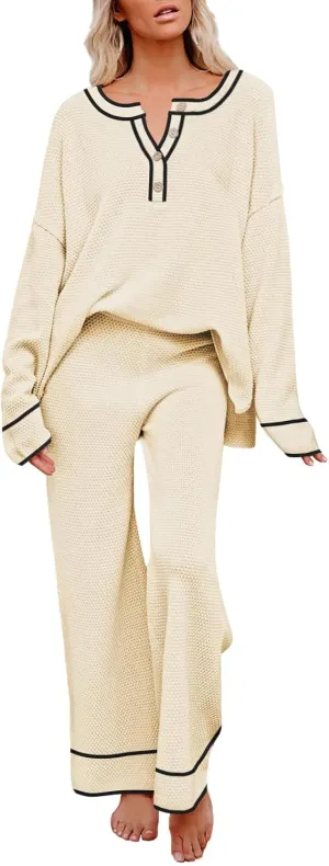 Pink Queen Women's 2 Piece Outfit Set Long Sleeve Button Pullover Sweater Top and Wide Leg Pants Knit Sweatsuit