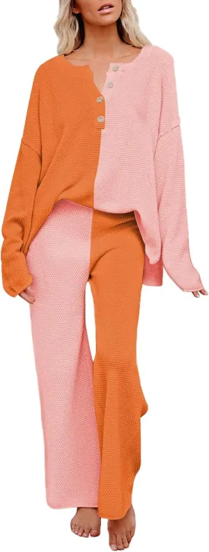 Pink Queen Women's 2 Piece Outfit Set Long Sleeve Button Pullover Sweater Top and Wide Leg Pants Knit Sweatsuit