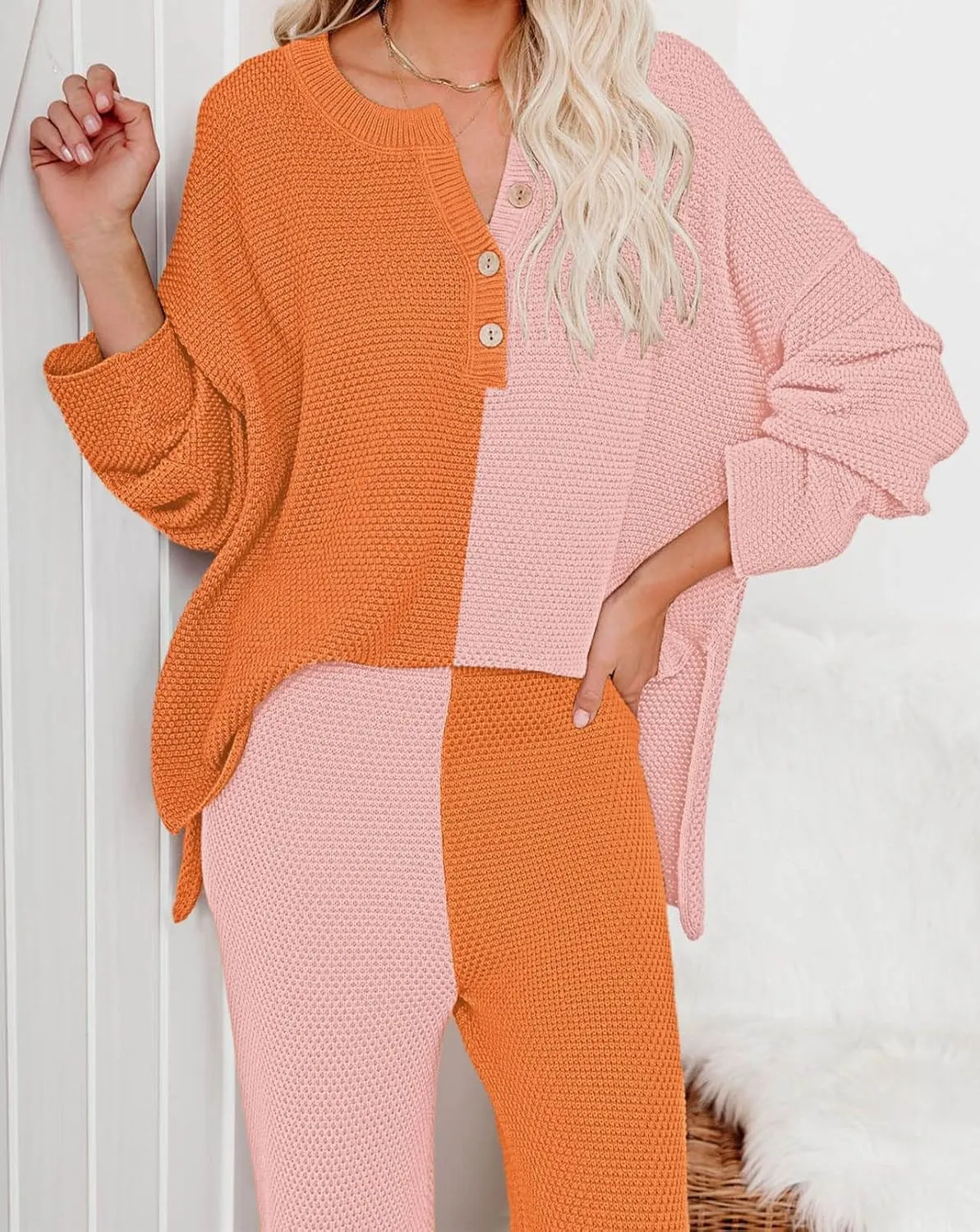 Pink Queen Women's 2 Piece Outfit Set Long Sleeve Button Pullover Sweater Top and Wide Leg Pants Knit Sweatsuit