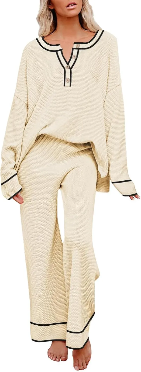 Pink Queen Women's 2 Piece Outfit Set Long Sleeve Button Pullover Sweater Top and Wide Leg Pants Knit Sweatsuit