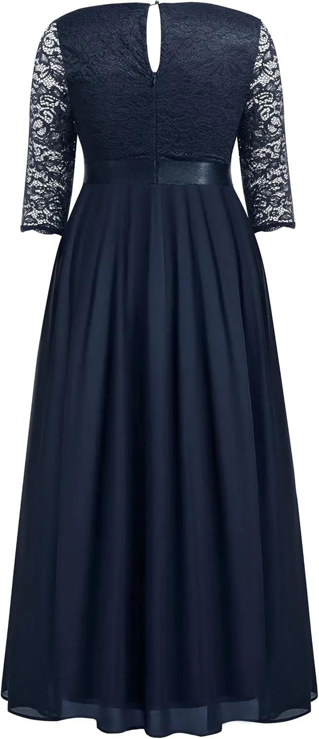 Pinup Fashion Wedding Dresses for Bride Plus Size - Formal Evening Gown Wrap Neck Lace Chiffon Long Dress