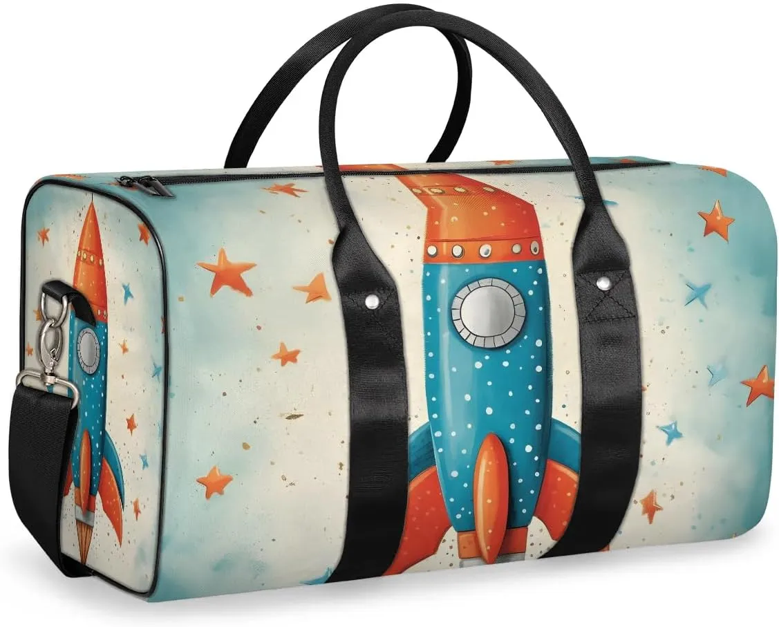 Planet Rocket Ship Travel Duffel Bag for Women Men Waterproof Foldable Overnight Weekender Bag Large Capacity Sports Gym Bag