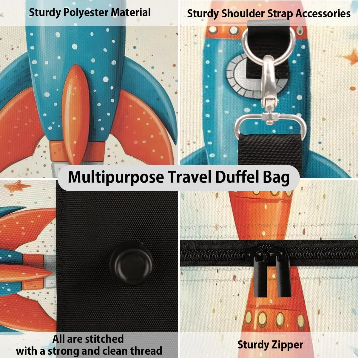 Planet Rocket Ship Travel Duffel Bag for Women Men Waterproof Foldable Overnight Weekender Bag Large Capacity Sports Gym Bag