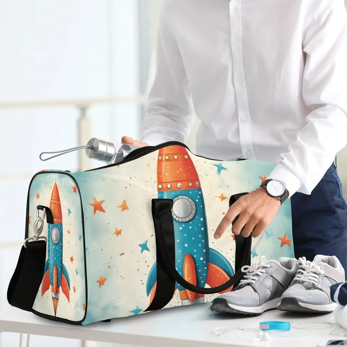 Planet Rocket Ship Travel Duffel Bag for Women Men Waterproof Foldable Overnight Weekender Bag Large Capacity Sports Gym Bag