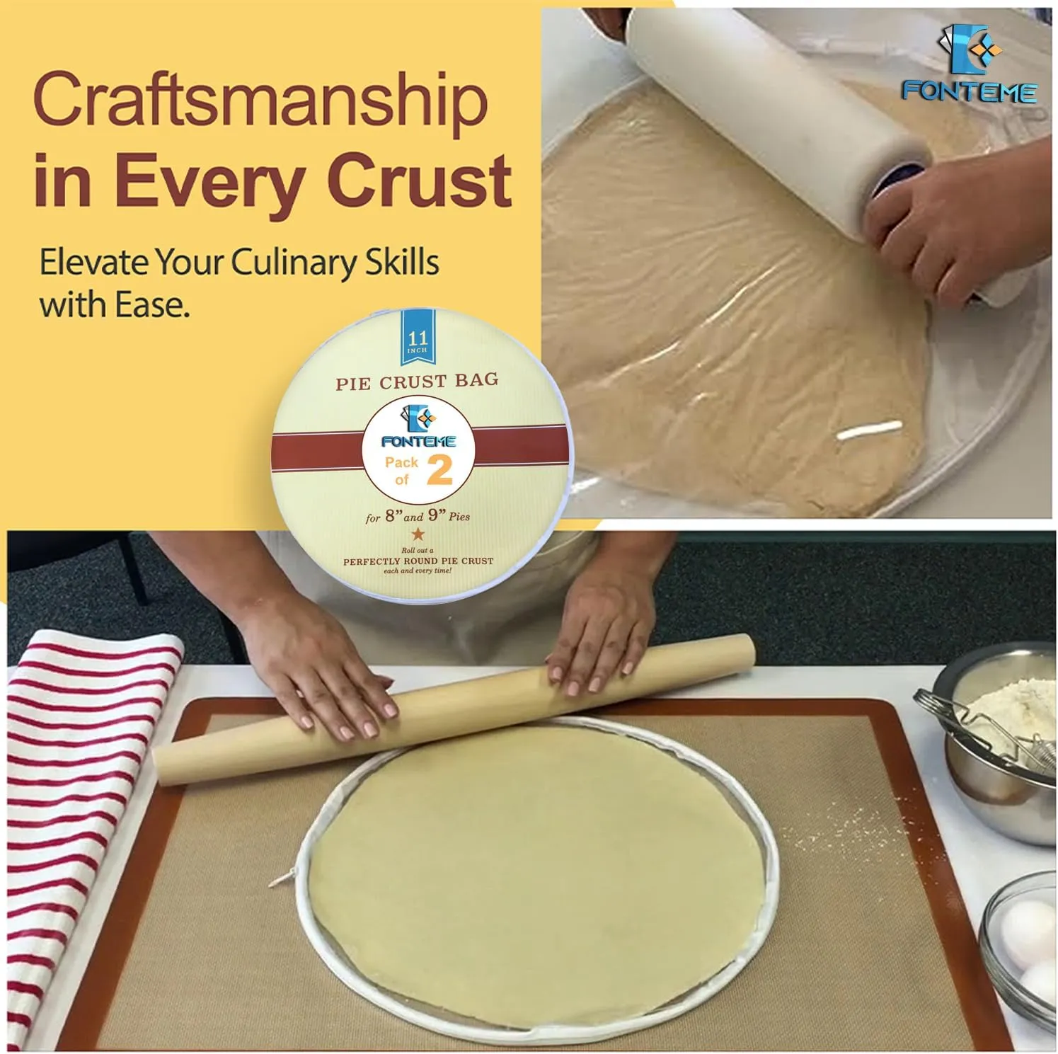 Plastic Pie Crust Dough Rolling Bag - Set of 2 (11" and 14") | Non-Stick Mess Free Pie Crust Dough Shaper | Ideal Dough Bag for Rolling Pie Crust, Cookie, Pastry, Pizza, and Pasta Dough…