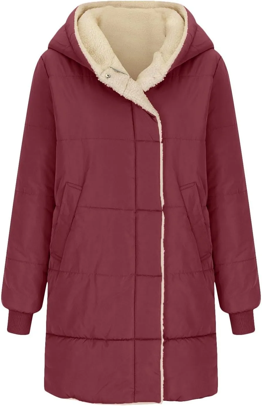 Plus Size Winter Coats for Women Sherpa Lined Fleece Long Puffer Jacket Thickened Casual Zip Up Parka Jacket