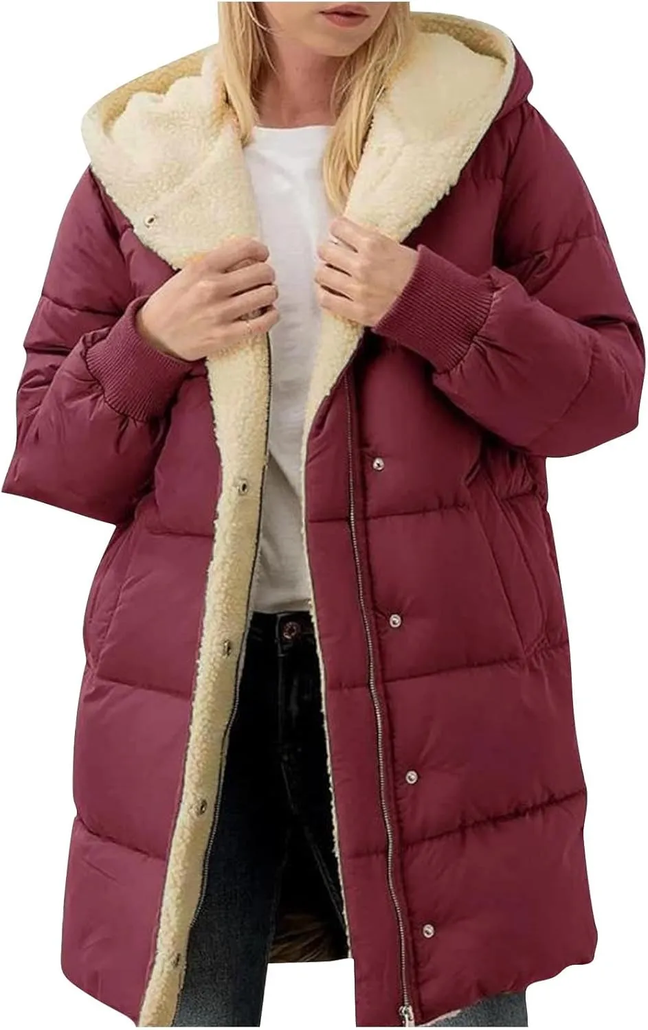 Plus Size Winter Coats for Women Sherpa Lined Fleece Long Puffer Jacket Thickened Casual Zip Up Parka Jacket
