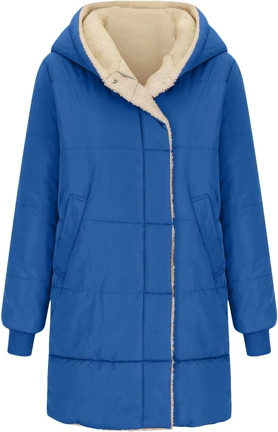 Plus Size Winter Coats for Women Sherpa Lined Fleece Long Puffer Jacket Thickened Casual Zip Up Parka Jacket
